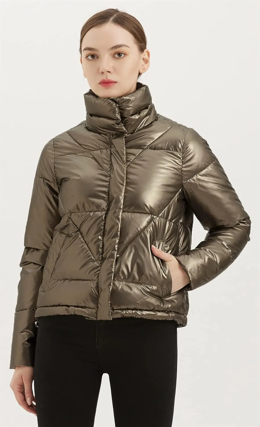 Women's Quilted Metallic Shiny Puffer Jacket Winter Warm Full Zipper Stand Collar Padded Short Coat