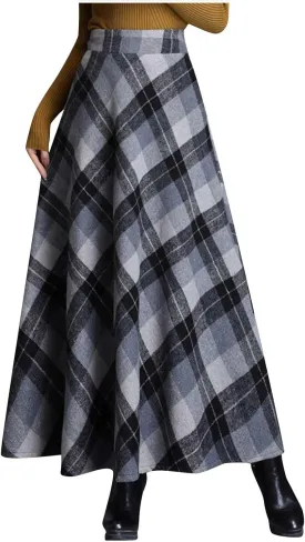 Women's Retro Woolen Plaid Skirt Winter Fall Warm High Waisted Maxi Skirt A line Flared Pleated Tartan Skirts