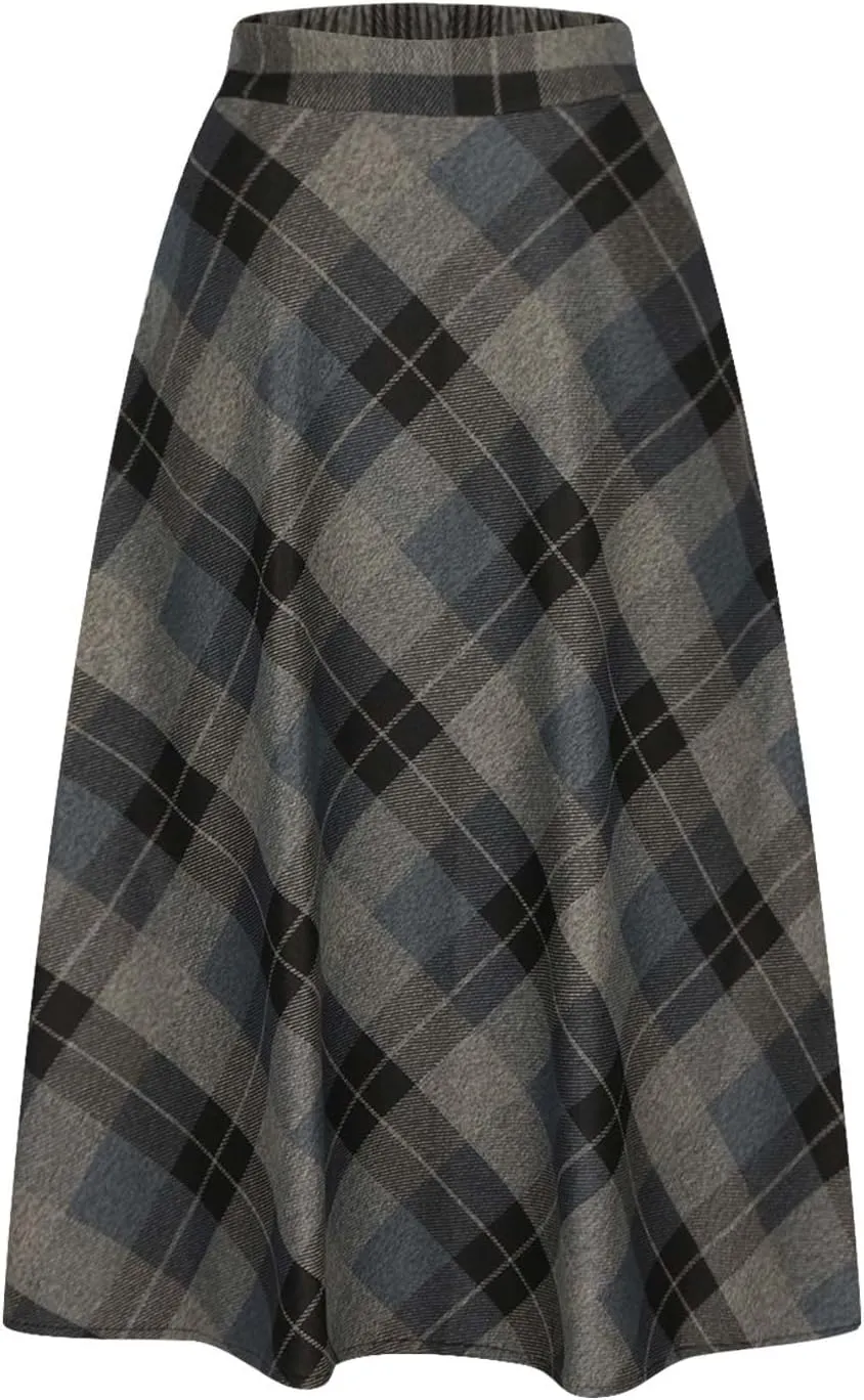 Women's Retro Woolen Plaid Skirt Winter Fall Warm High Waisted Maxi Skirt A line Flared Pleated Tartan Skirts
