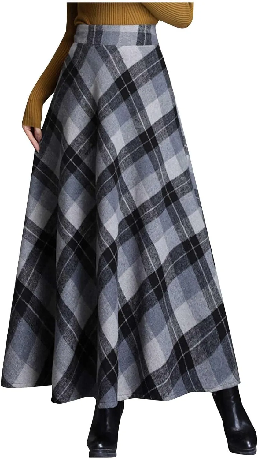 Women's Retro Woolen Plaid Skirt Winter Fall Warm High Waisted Maxi Skirt A line Flared Pleated Tartan Skirts