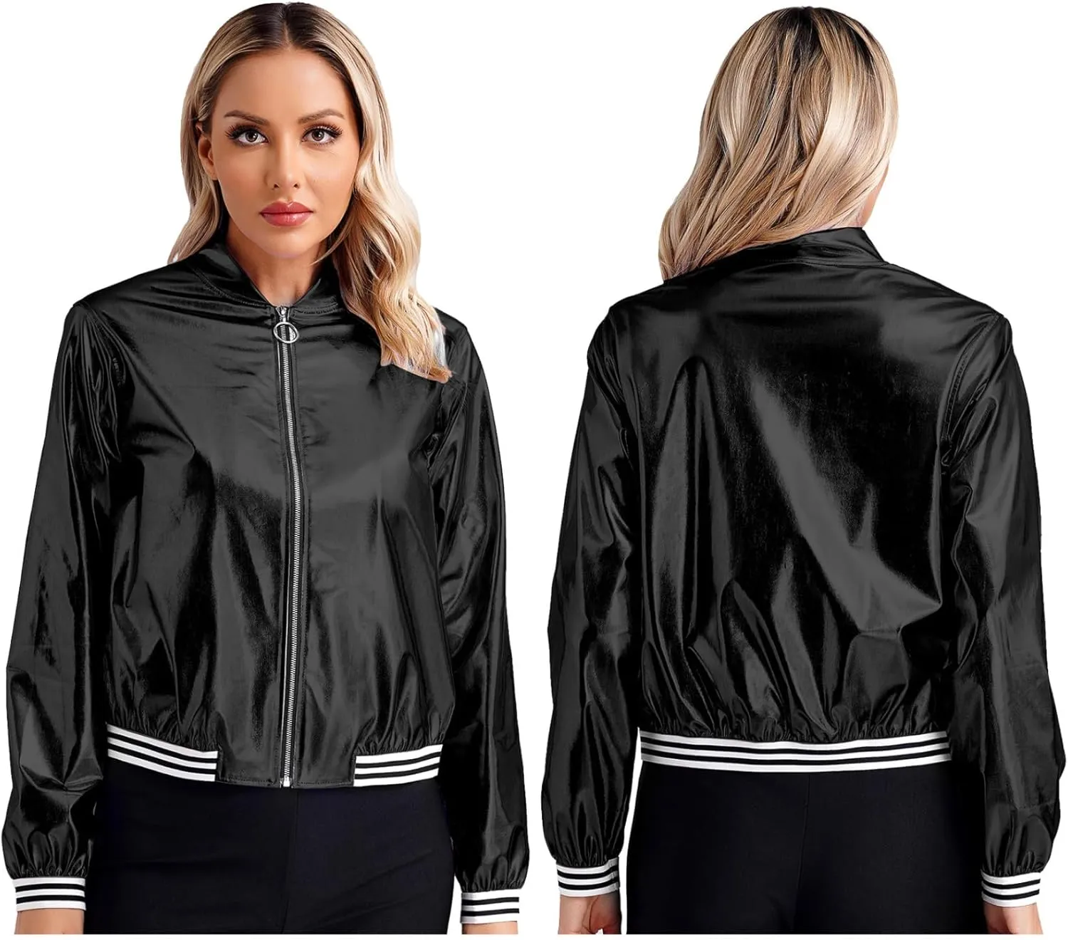 Women's Sparkly Holographic Lightweight Bomber Jacket Shiny Metallic Zipper Up Coat Outerwear