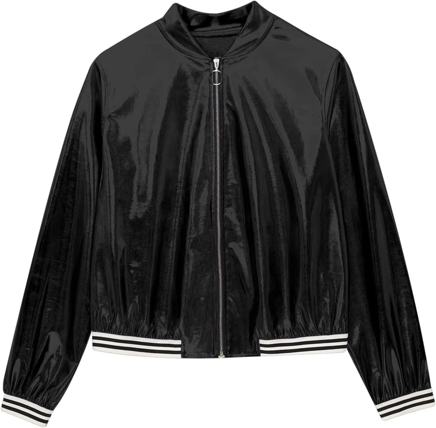 Women's Sparkly Holographic Lightweight Bomber Jacket Shiny Metallic Zipper Up Coat Outerwear