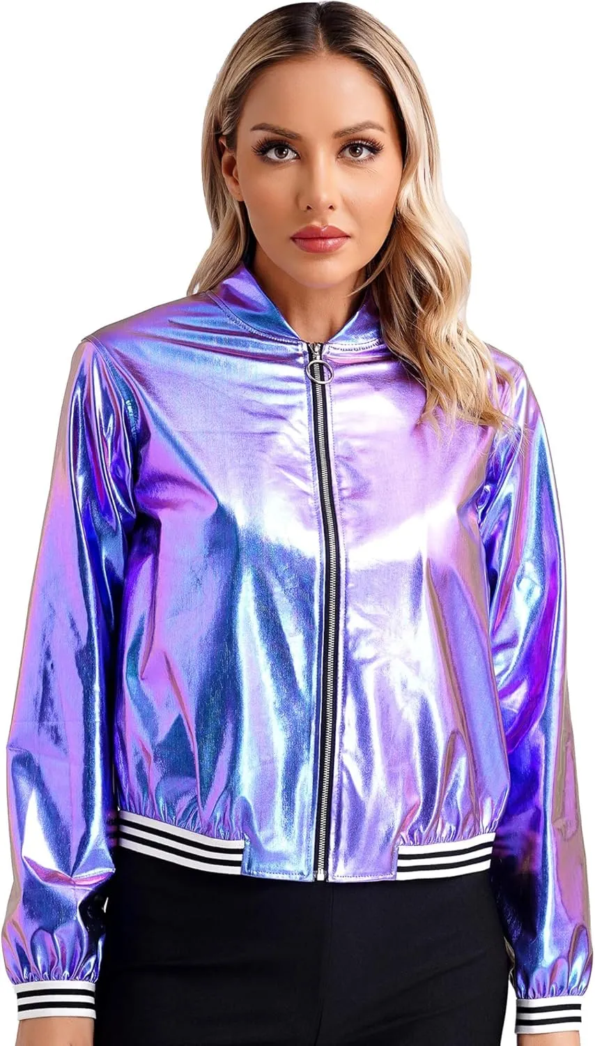 Women's Sparkly Holographic Lightweight Bomber Jacket Shiny Metallic Zipper Up Coat Outerwear
