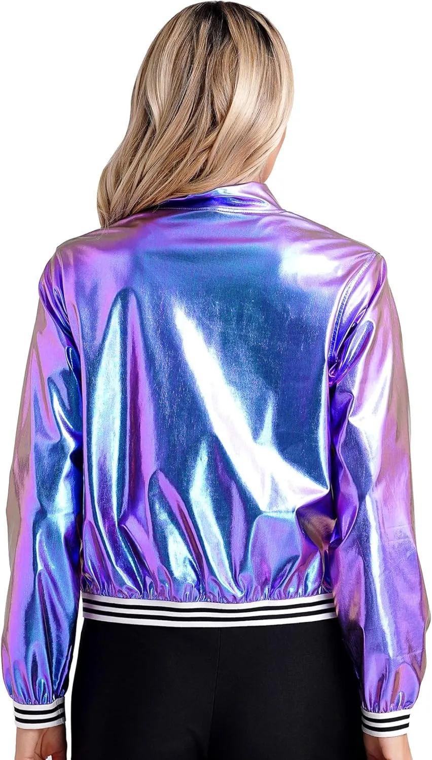Women's Sparkly Holographic Lightweight Bomber Jacket Shiny Metallic Zipper Up Coat Outerwear