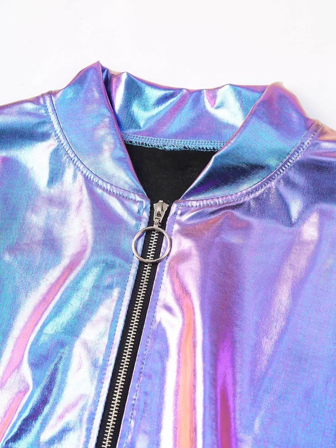 Women's Sparkly Holographic Lightweight Bomber Jacket Shiny Metallic Zipper Up Coat Outerwear