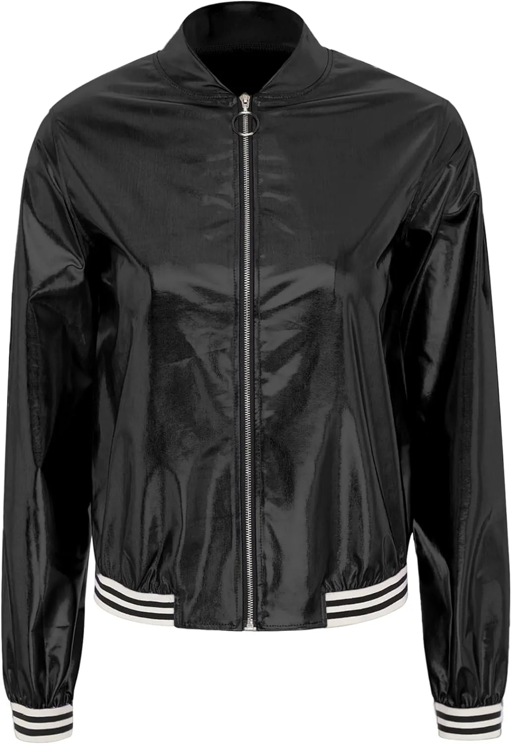 Women's Sparkly Holographic Lightweight Bomber Jacket Shiny Metallic Zipper Up Coat Outerwear