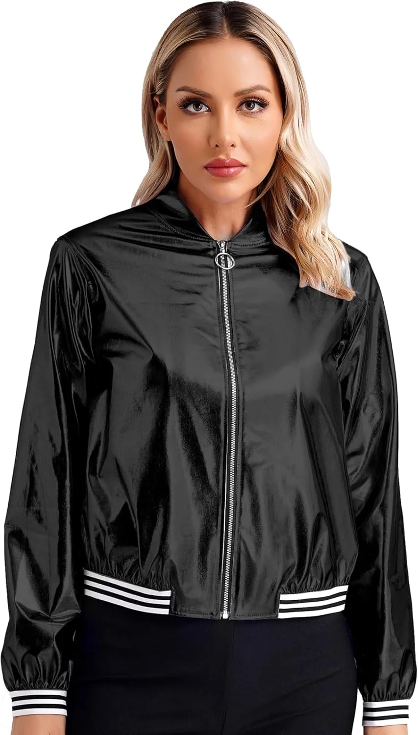 Women's Sparkly Holographic Lightweight Bomber Jacket Shiny Metallic Zipper Up Coat Outerwear