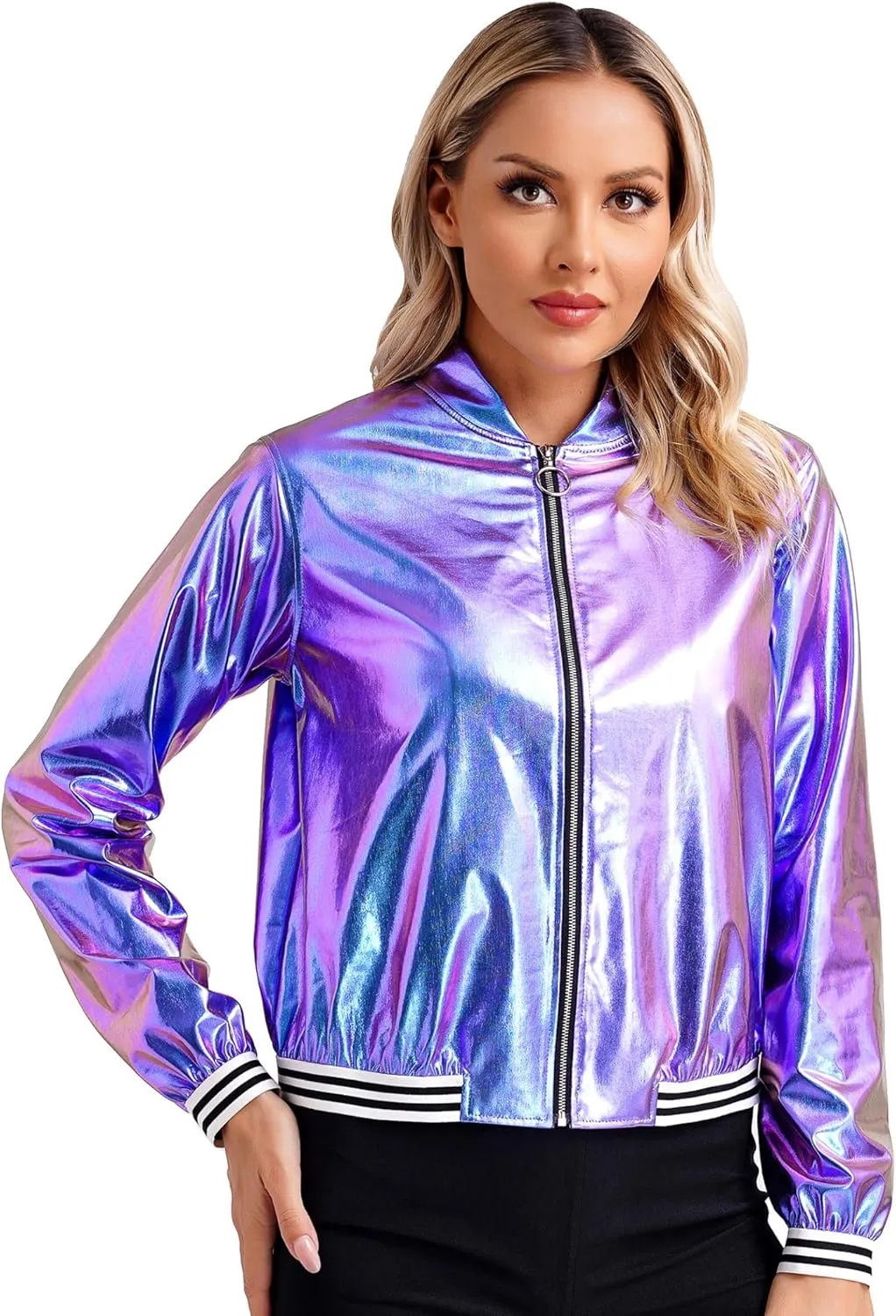 Women's Sparkly Holographic Lightweight Bomber Jacket Shiny Metallic Zipper Up Coat Outerwear