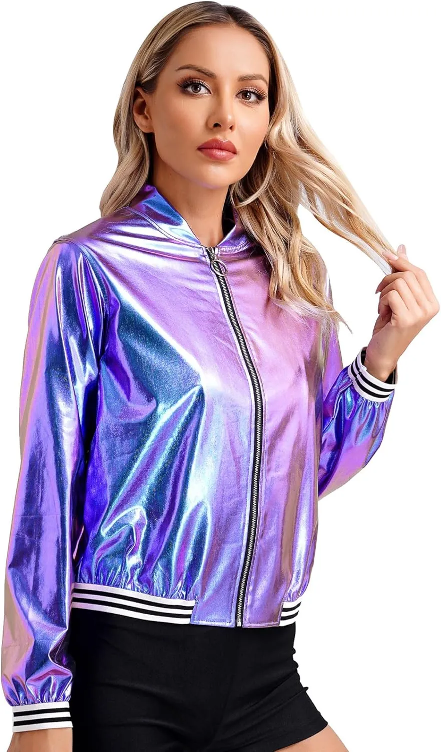 Women's Sparkly Holographic Lightweight Bomber Jacket Shiny Metallic Zipper Up Coat Outerwear