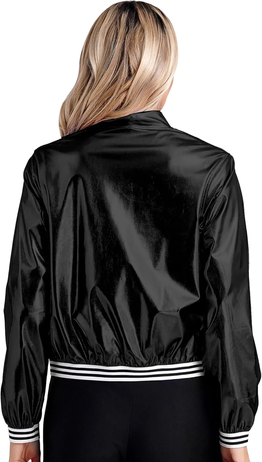 Women's Sparkly Holographic Lightweight Bomber Jacket Shiny Metallic Zipper Up Coat Outerwear