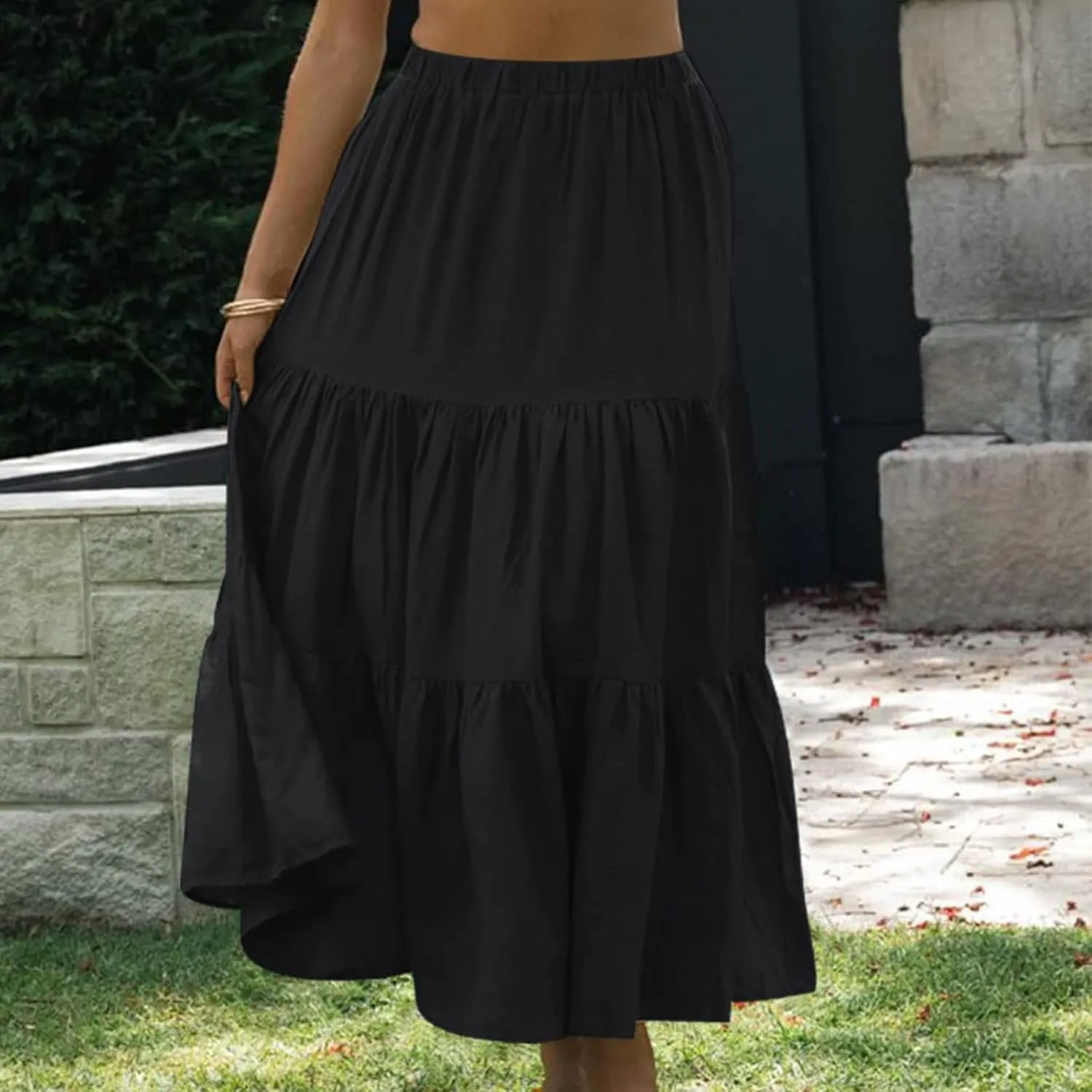 Womens Summer Boho Elastic High Waist Maxi Skirt Pleated A-Line Flowy Swing Ruffle Tiered Long Beach Skirt Dress
