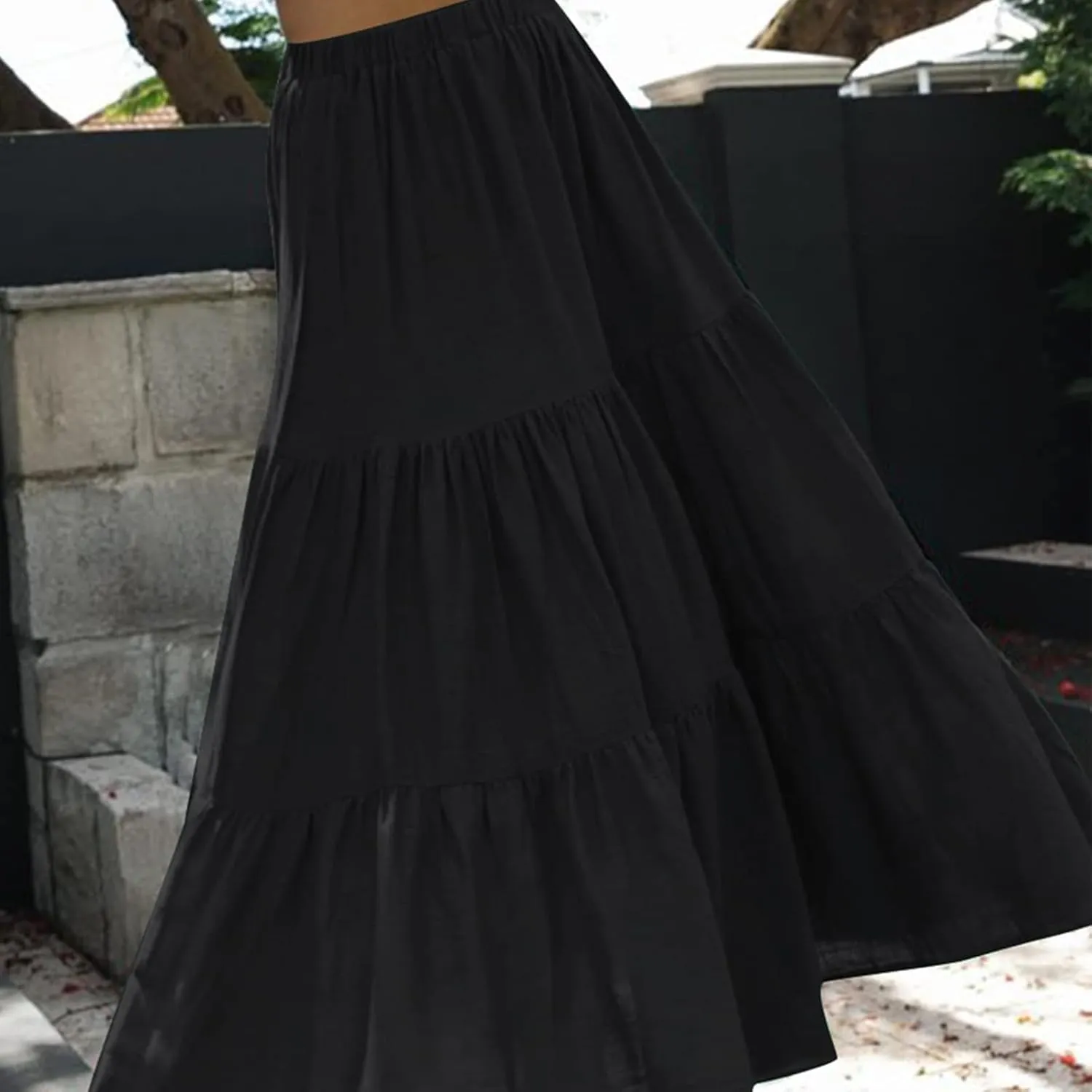 Womens Summer Boho Elastic High Waist Maxi Skirt Pleated A-Line Flowy Swing Ruffle Tiered Long Beach Skirt Dress