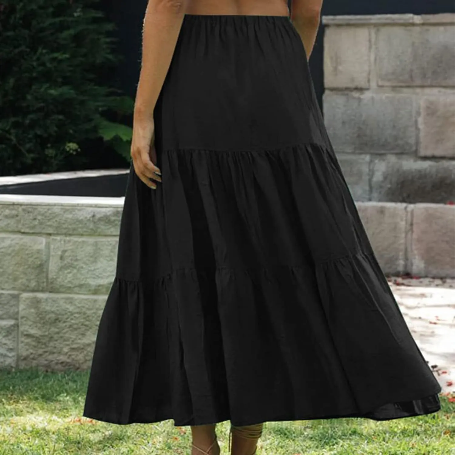 Womens Summer Boho Elastic High Waist Maxi Skirt Pleated A-Line Flowy Swing Ruffle Tiered Long Beach Skirt Dress
