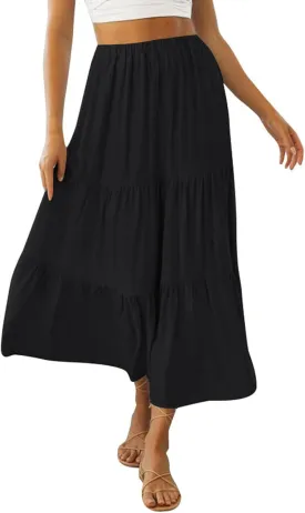 Womens Summer Boho Elastic High Waist Maxi Skirt Pleated A-Line Flowy Swing Ruffle Tiered Long Beach Skirt Dress