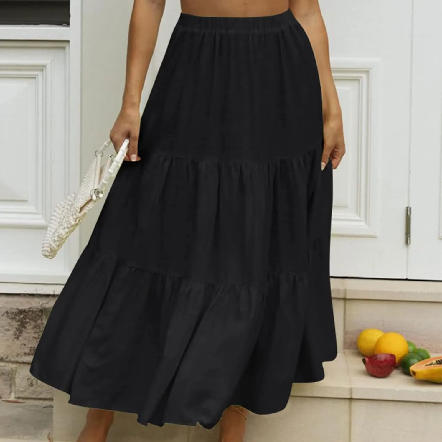Womens Summer Boho Elastic High Waist Maxi Skirt Pleated A-Line Flowy Swing Ruffle Tiered Long Beach Skirt Dress