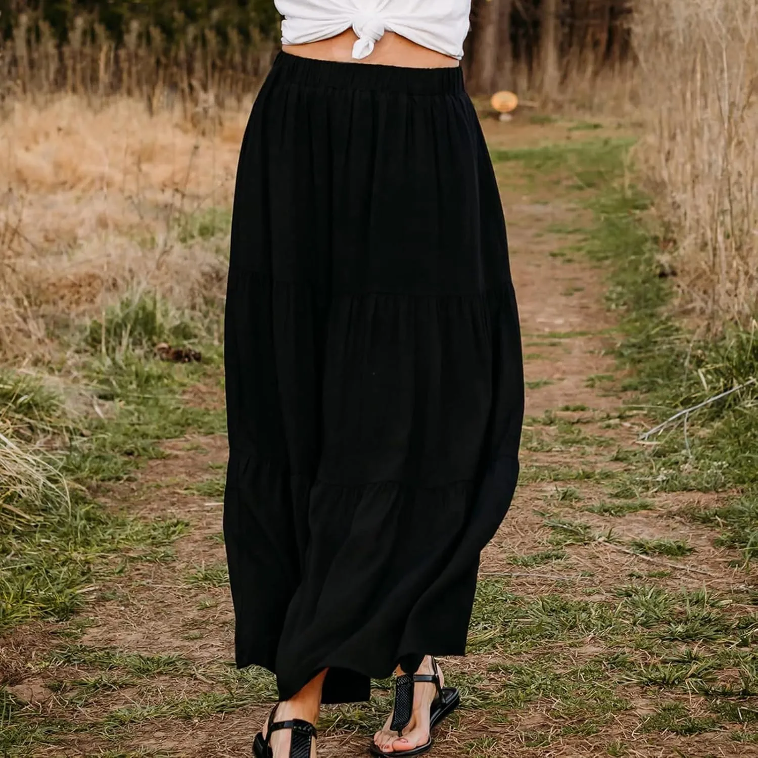 Womens Summer Boho Elastic High Waist Maxi Skirt Pleated A-Line Flowy Swing Ruffle Tiered Long Beach Skirt Dress