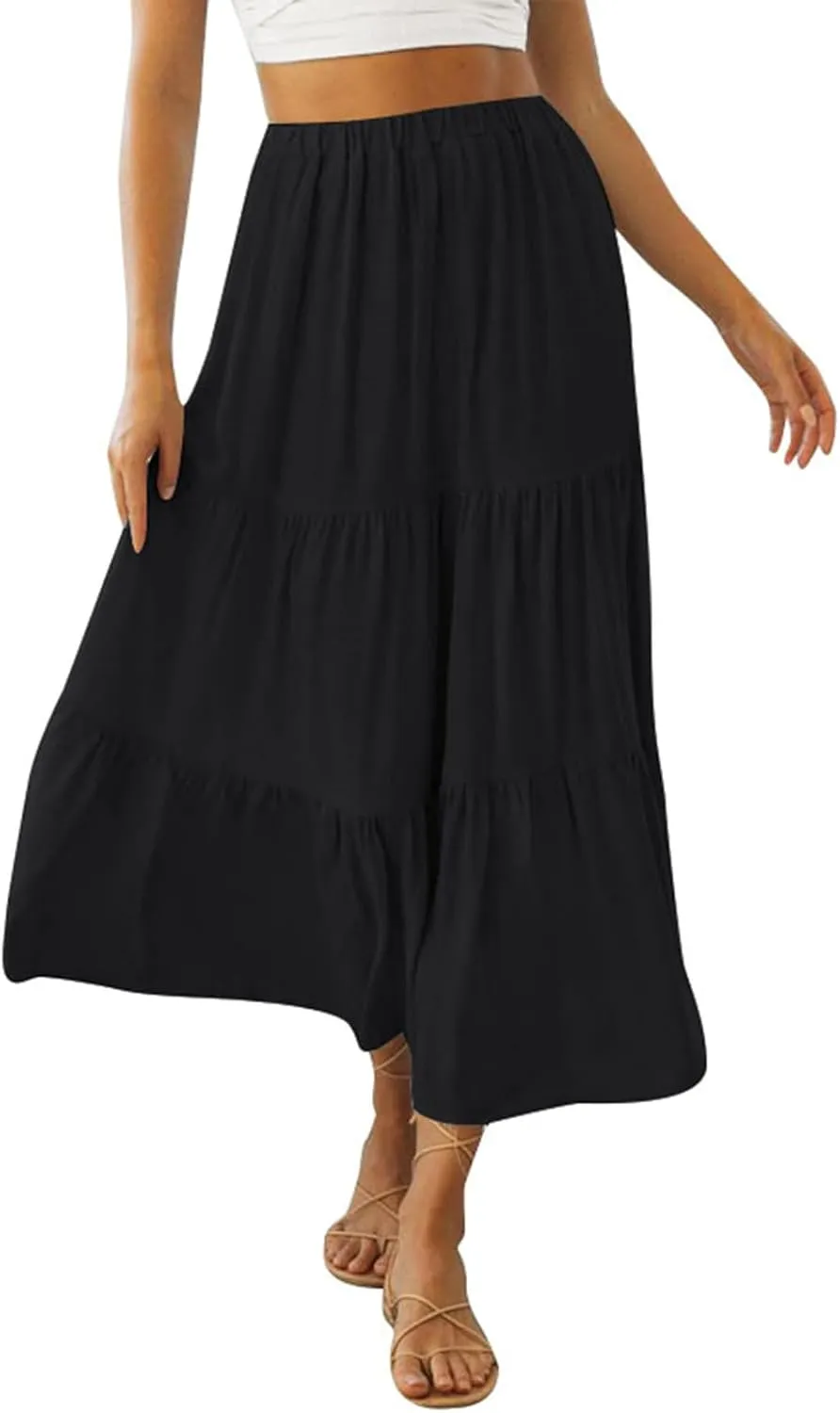 Womens Summer Boho Elastic High Waist Maxi Skirt Pleated A-Line Flowy Swing Ruffle Tiered Long Beach Skirt Dress