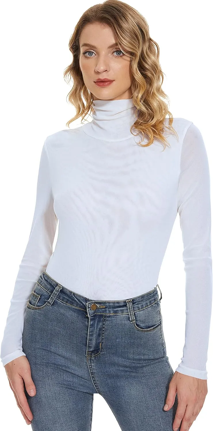 Women's Turtleneck Top Long Sleeve Slim Fit Shirts Mesh Sheer See Through Casual Top