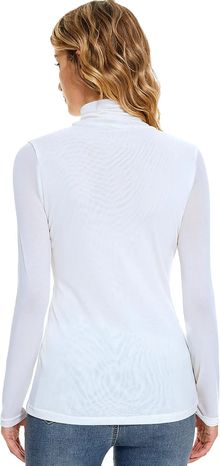 Women's Turtleneck Top Long Sleeve Slim Fit Shirts Mesh Sheer See Through Casual Top