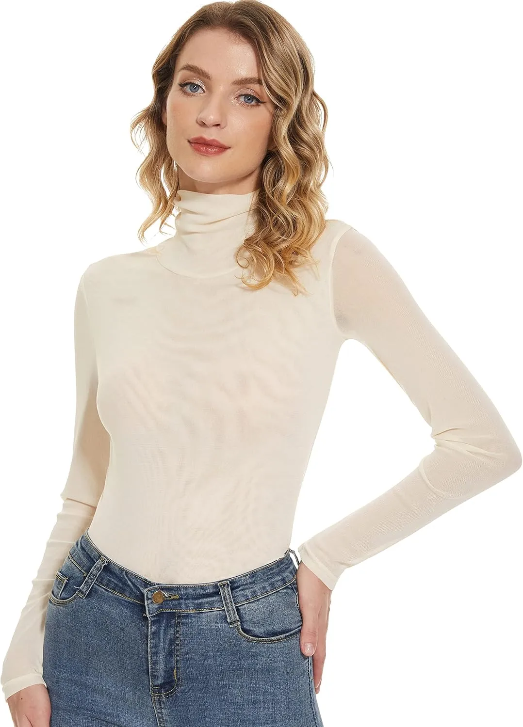 Women's Turtleneck Top Long Sleeve Slim Fit Shirts Mesh Sheer See Through Casual Top