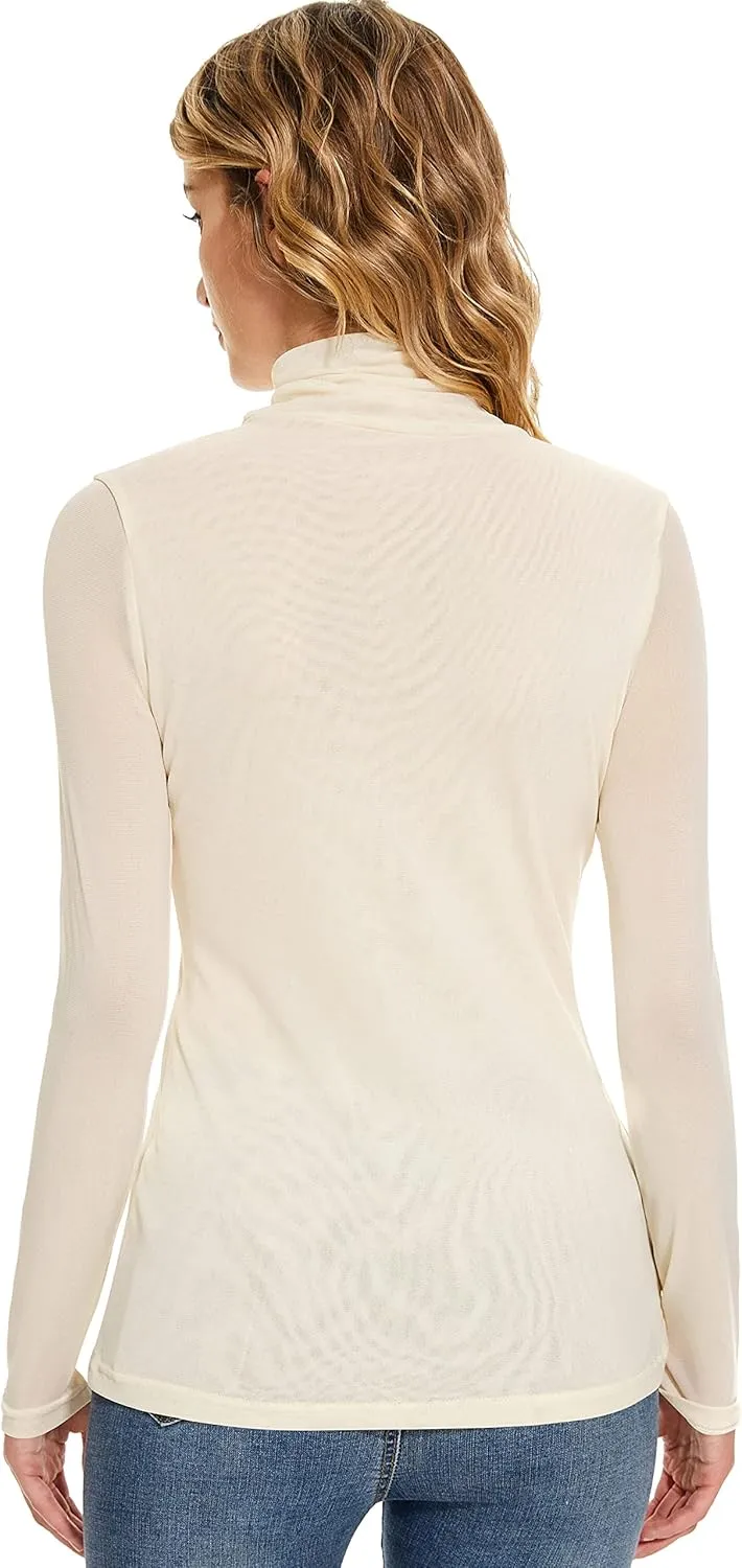 Women's Turtleneck Top Long Sleeve Slim Fit Shirts Mesh Sheer See Through Casual Top