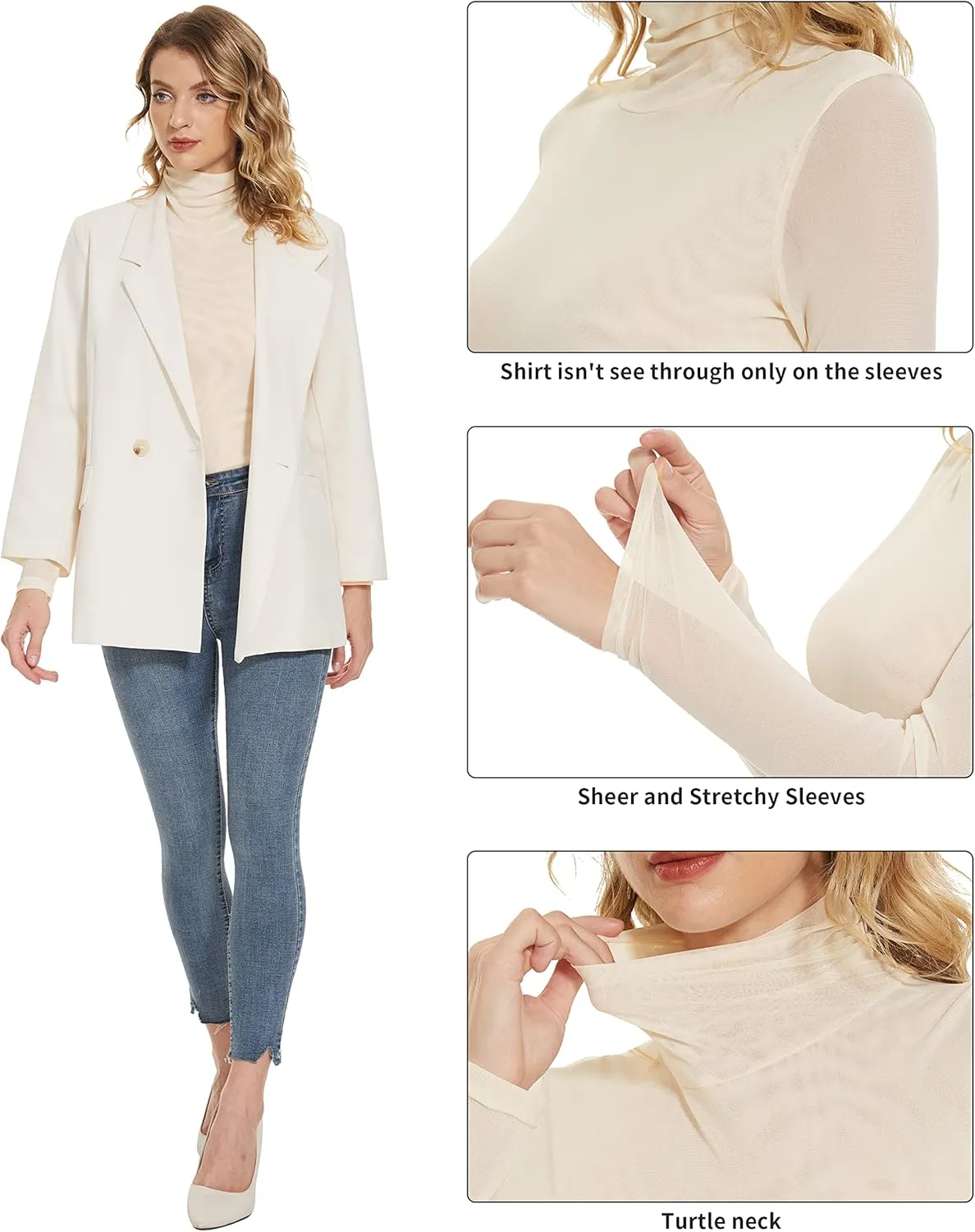 Women's Turtleneck Top Long Sleeve Slim Fit Shirts Mesh Sheer See Through Casual Top