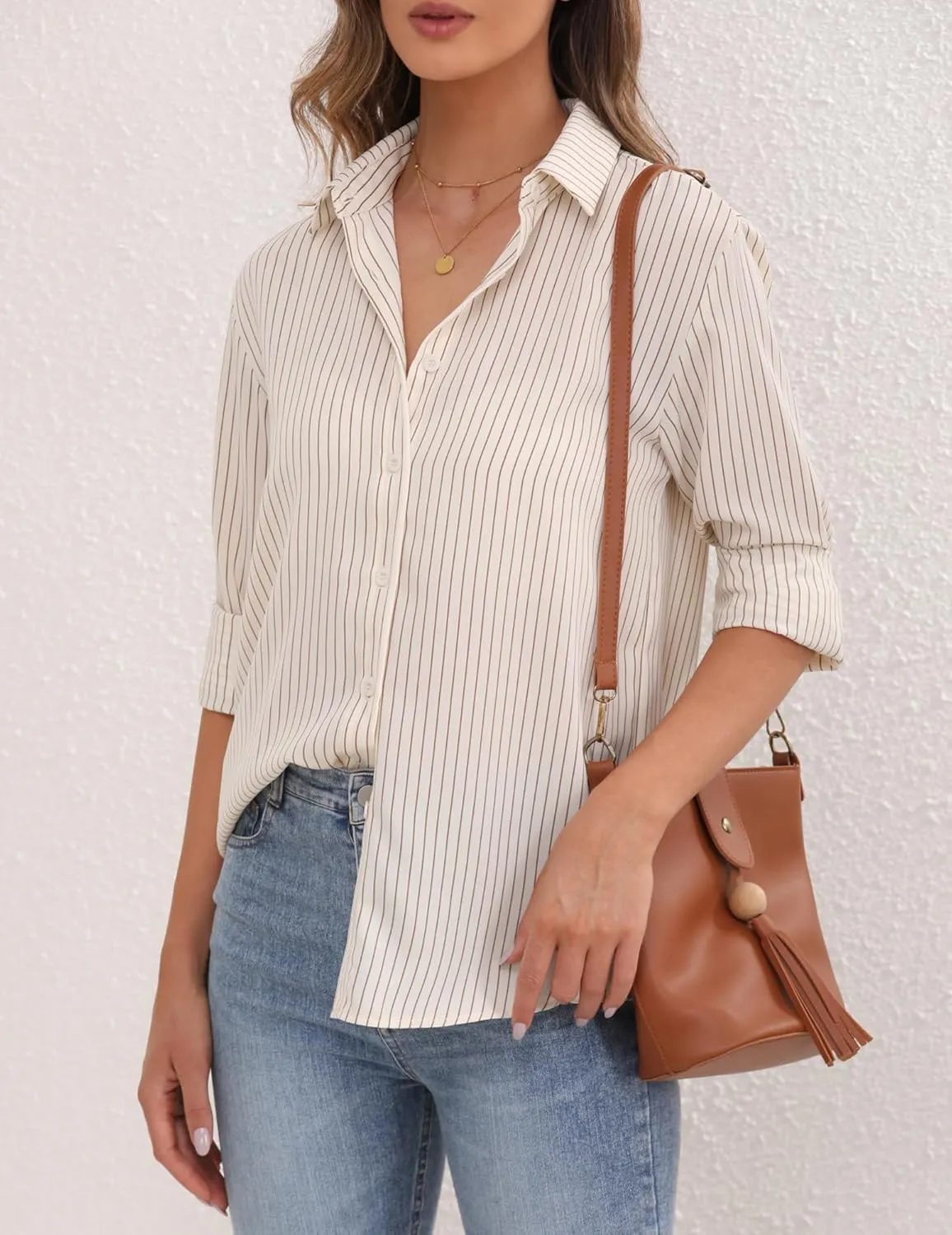 YAMANMAN Womens Button Down Shirt Long Sleeve Classic Collared Tops Work Office Casual Chiffon Blouse