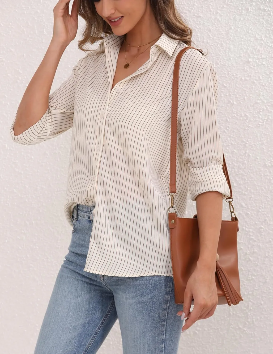 YAMANMAN Womens Button Down Shirt Long Sleeve Classic Collared Tops Work Office Casual Chiffon Blouse